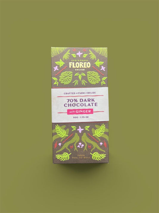 Floreo Belize 70% Single-Origin Dark Chocolate with Ginger – 50g
