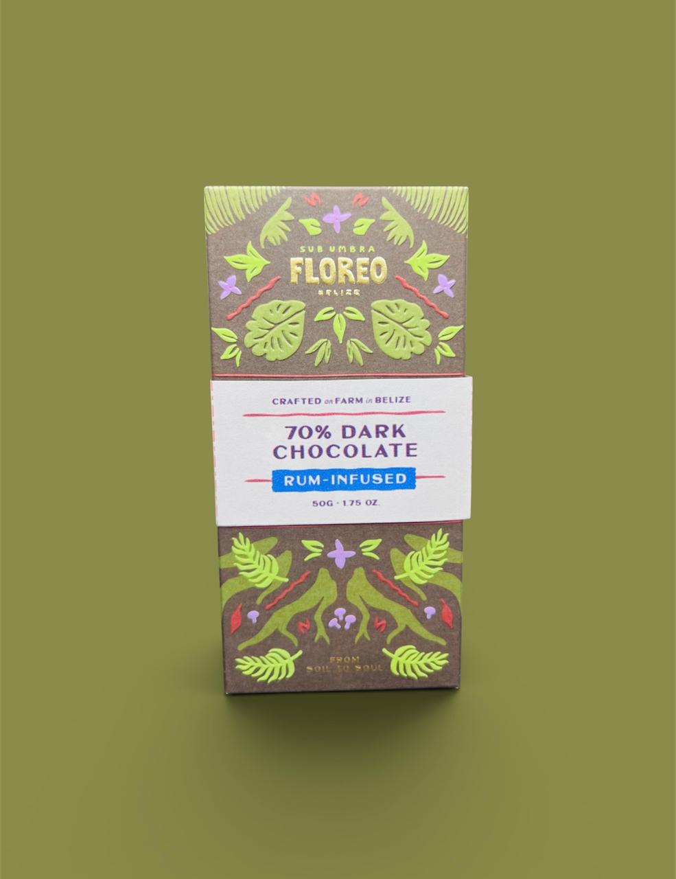 Floreo Belize 70% Single-Origin Dark Chocolate, Rum Infused – 50g