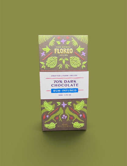 Floreo Belize 70% Single-Origin Dark Chocolate, Rum Infused – 50g