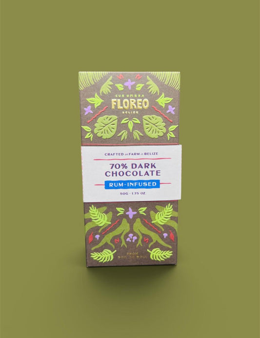 Floreo Belize 70% Single-Origin Dark Chocolate, Rum Infused – 50g